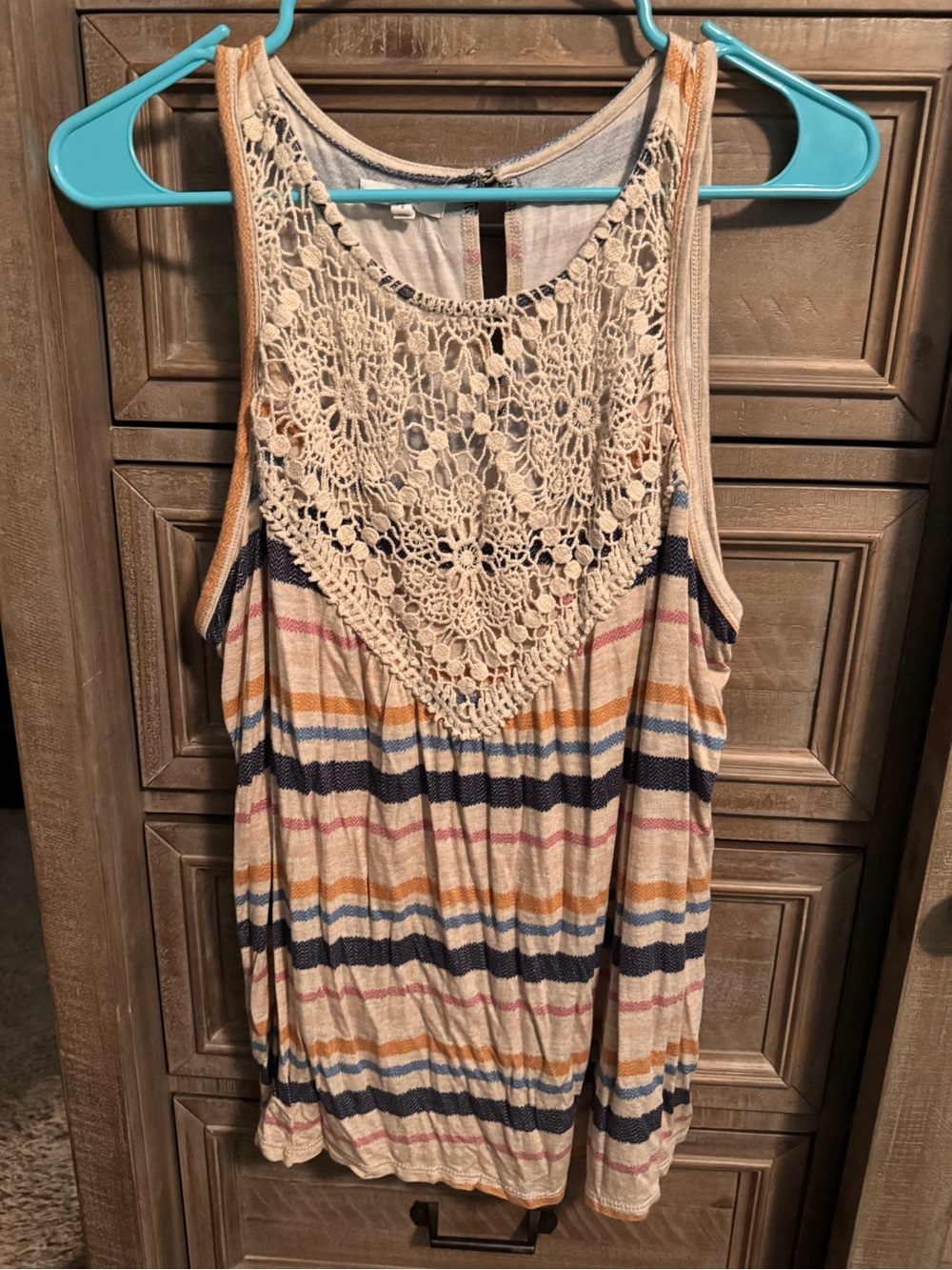 Maurices Cream Crochet Yoke Striped Tank with Navy, Mustard & Blush